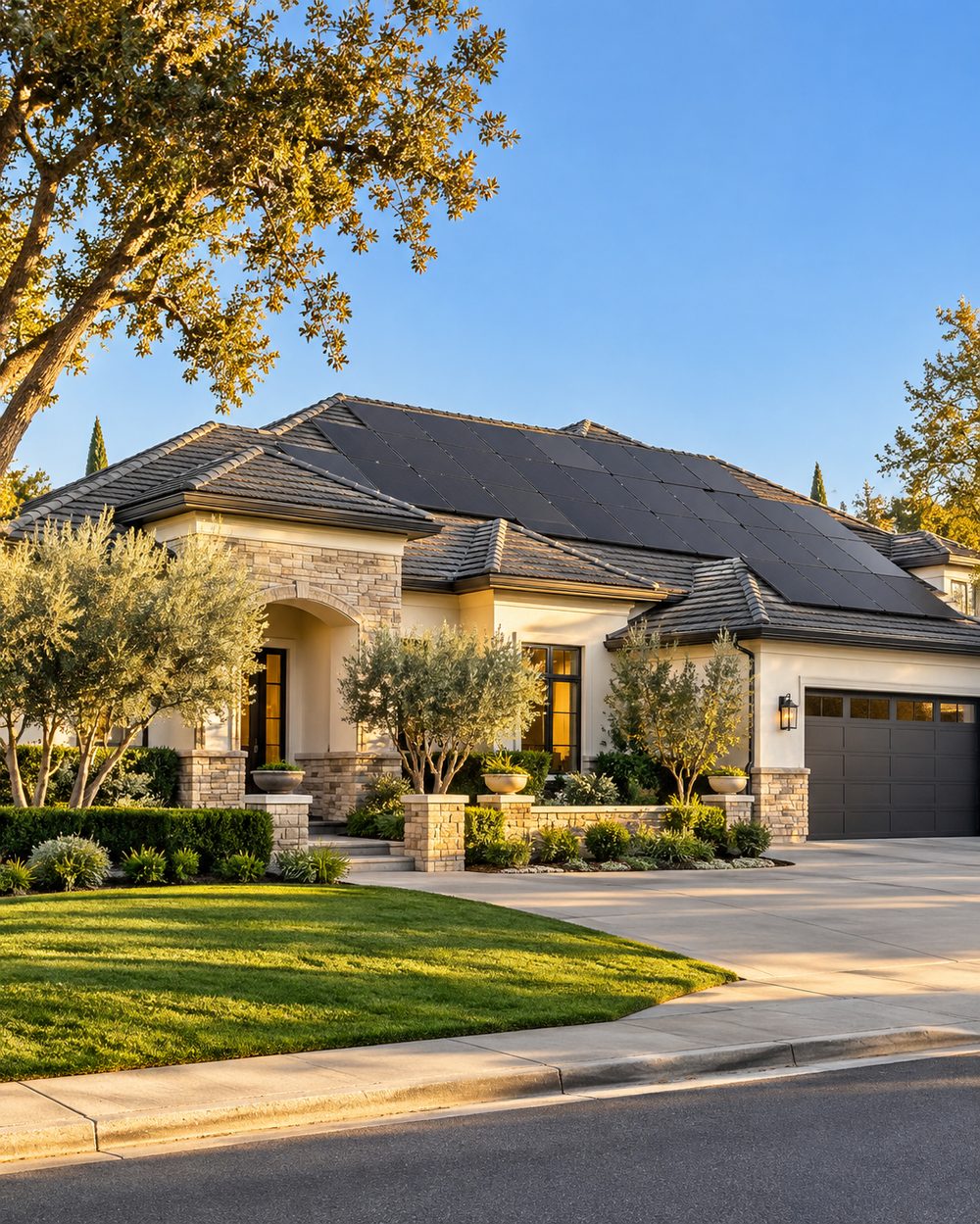 Large rooftop solar system with all-black panels on a Central Valley home